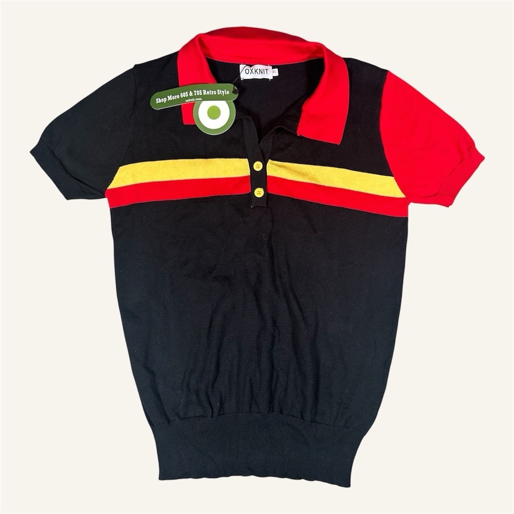 Oxknit Polo Men XL 70's Retro Hippie Fashion Short Sleeve Black Striped NWT